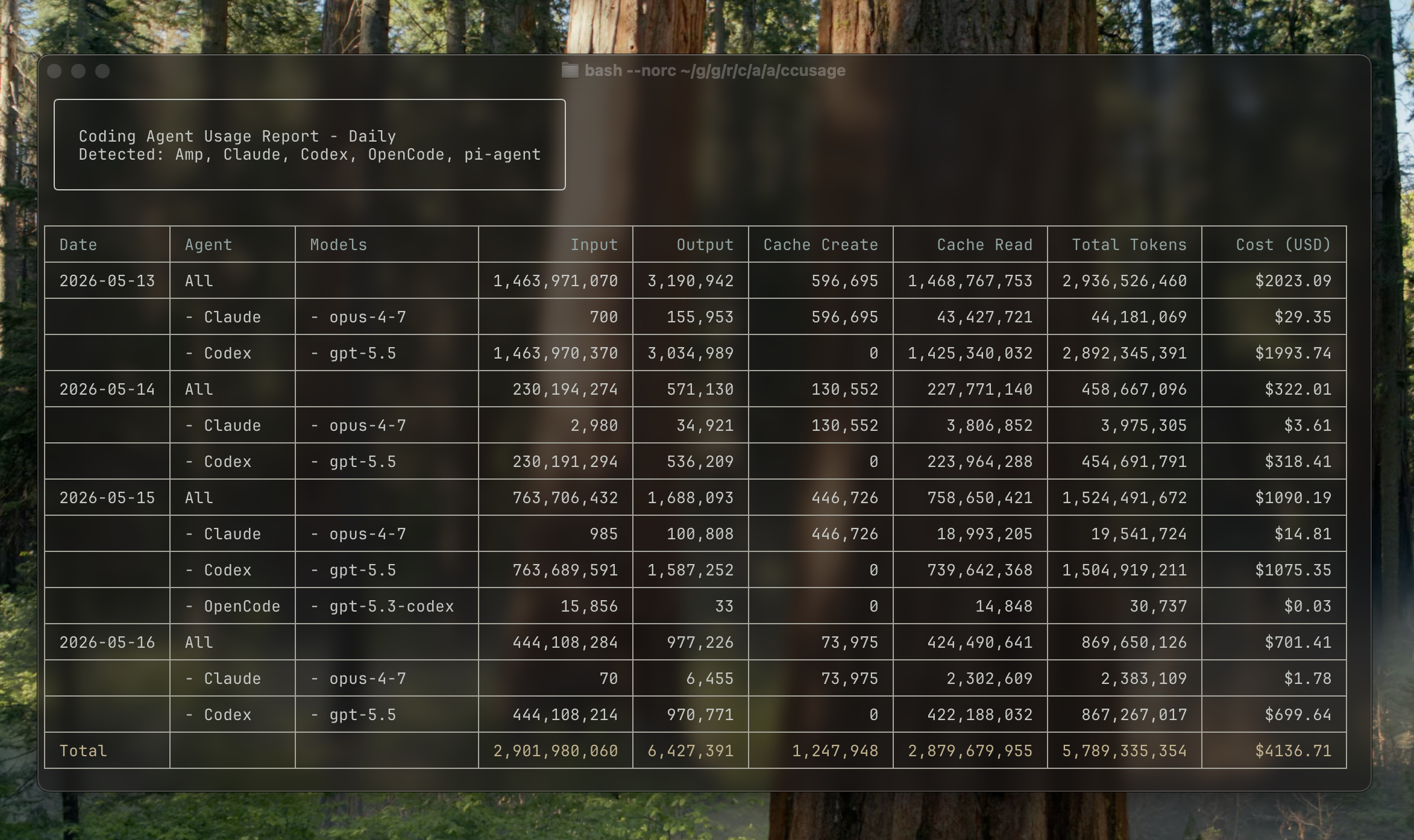 ccusage daily report showing token usage and costs by date